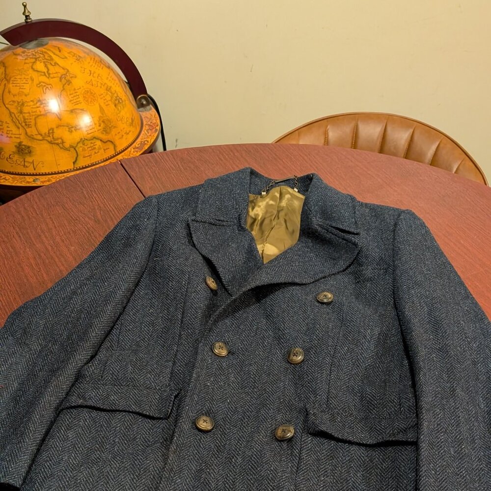 Elegant Gibson London Blue Herringbone Wool Overcoat – Size 38